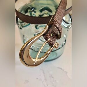 Vintage Imported Lizard/SnakeTextured Leather Belt with Gold Sculpted Buckle